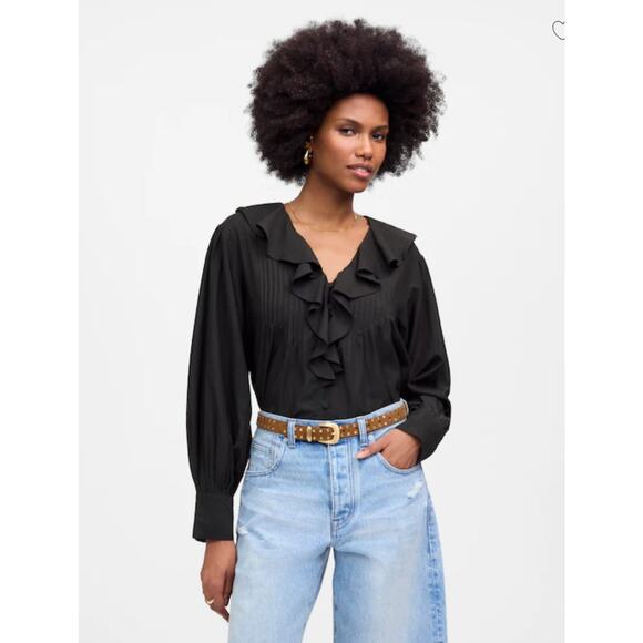 NWT Madewell Ruffled Pintucked Long-Sleeve Top Black Small - Picture 1 of 6